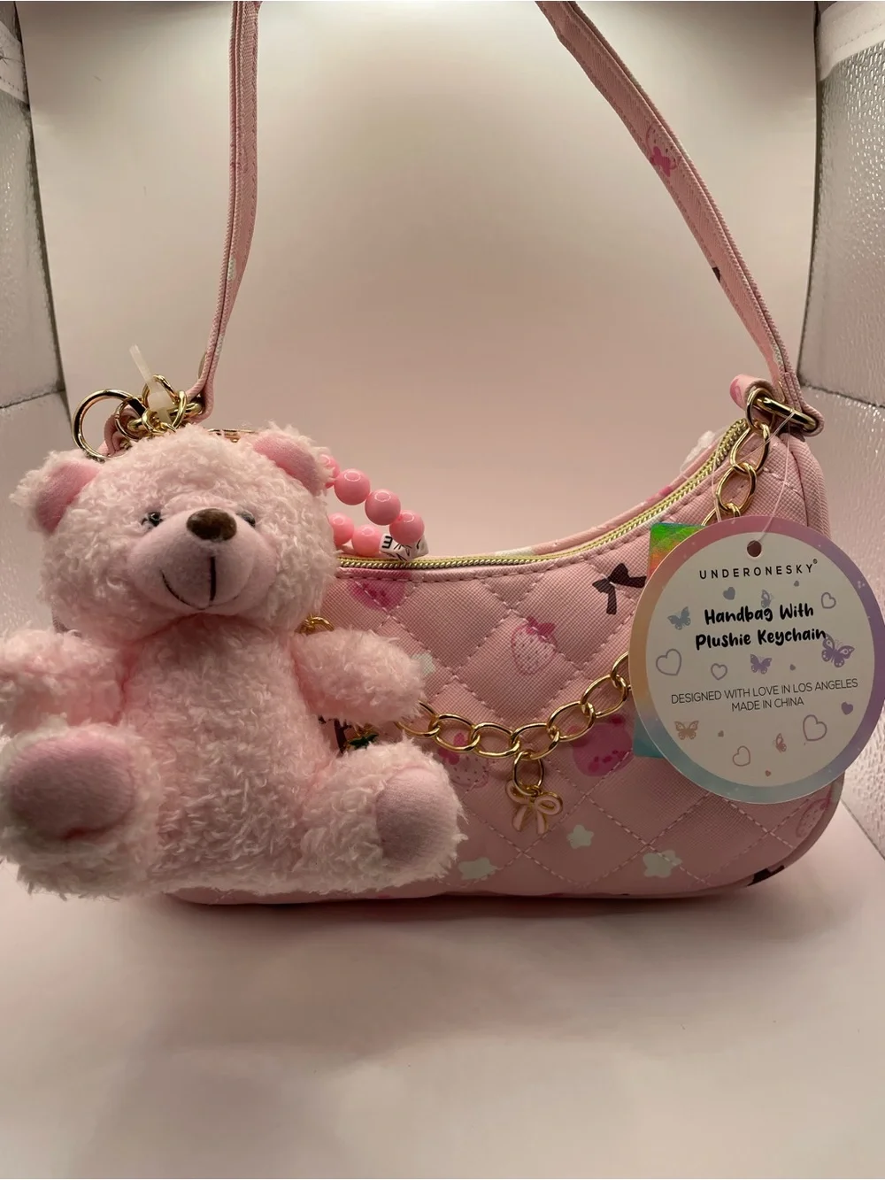 NWT Under One Sky Pink Quilted Strawberry Bag Bear Charm